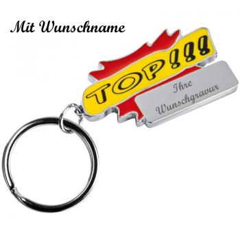 Metall Schlüsselanhänger "Top!!!" mit Namensgravur - Farbe: rot
