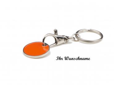 Metall Schlüsselanhänger mit Namensgravur - mit Einkaufschip - Farbe: orange