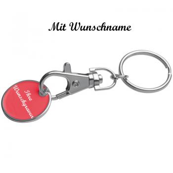 Metall Schlüsselanhänger mit Namensgravur - mit Einkaufschip - Farbe: rot