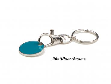 Metall Schlüsselanhänger mit Namensgravur - mit Einkaufschip - Farbe: türkis