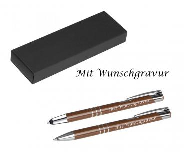 Metall Schreibset mit Gravur / Touchpen Kugelschreiber + Kugelschreiber / braun