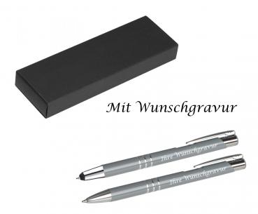 Metall Schreibset mit Gravur / Touchpen Kugelschreiber + Kugelschreiber / grau
