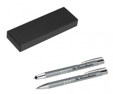 Metall Schreibset mit Namensgravur - Touchpen + Kugelschreiber - grau