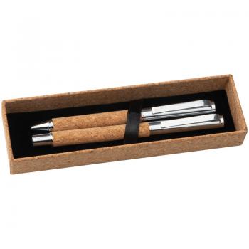 MetallSchreibset mit Kork Ummantelung / Kugelschreiber + Rollerball