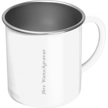 Nostalgische Stahltasse mit Gravur / Kaffeetasse / 350 ml / Farbe: weiß