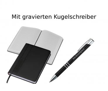 Notizbuch + Kugelschreiber mit Gravur / DIN A5 / 192 S. kariert / Farbe: schwarz