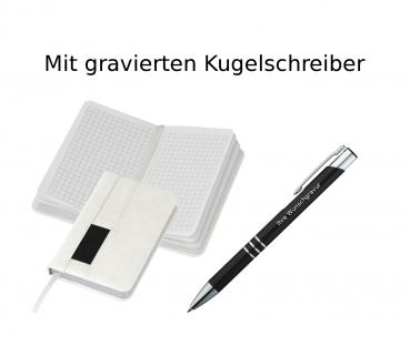Notizbuch + Kugelschreiber mit Gravur / DIN A6 / 160 S. kariert / Farbe: weiß
