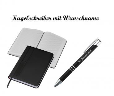 Notizbuch + Kugelschreiber mit Namensgravur - 192 S. kariert A5 - Farbe: schwarz