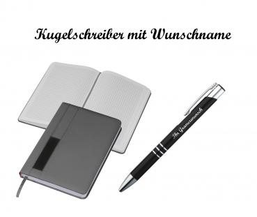 Notizbuch + Kugelschreiber mit Namensgravur - A5 - 192 S. kariert - Farbe: grau