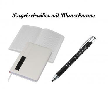 Notizbuch + Kugelschreiber mit Namensgravur - A5 - 192 S. kariert - Farbe: weiß