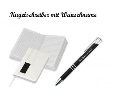 Notizbuch + Kugelschreiber mit Namensgravur - A6 - 160 S. kariert - Farbe: weiß