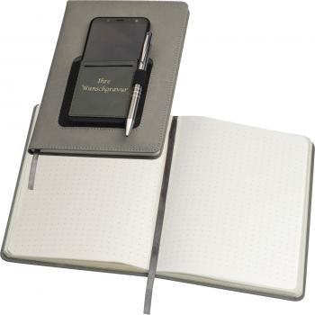 Notizbuch mit Gravur / PU Einband / A5 / 160 S. / Smartphonefach / Farbe: grau