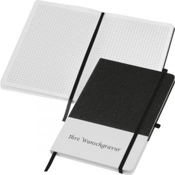 Notizbuch mit PU-Cover mit Gravur / A5 / 160 Seiten / Farbe: weiß-schwarz