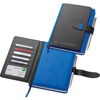 Notizbuch mit Visitenkartenmappe mit Gravur / DIN A5 / aus PU / Farbe: blau