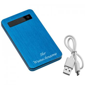 Powerbank mit Gravur / 4.000 mAh mit USB Anschluss und Ladekabel / Farbe: blau