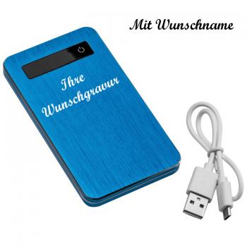 Powerbank mit Namensgravur - 4.000 mAh - USB Anschluss + Ladekabel - Farbe: blau