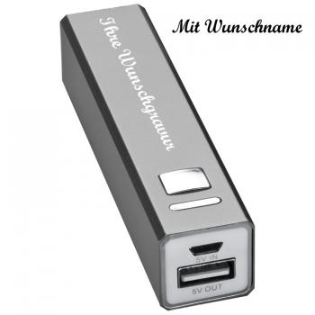 Powerbank mit Namensgravur - aus Aluminium 2.200 mAh - Farbe: grau-silbergrau