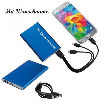 Powerbank mit Namensgravur - aus Metall - 4.000 mAH - Farbe: blau