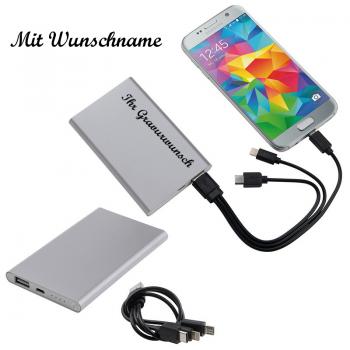 Powerbank mit Namensgravur - aus Metall - 4.000 mAH - Farbe: grau
