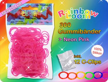 Rainbow Loom / 300 Gummibänder + 12 Clips / Farbe: neon-pink