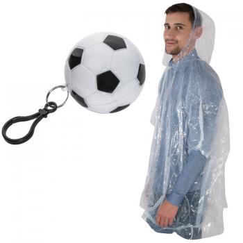 Regenponcho in einer Kunststoffkugel in Fußballoptik / mit Karabinerhaken