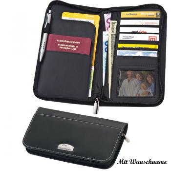 Reisemappe mit Namensgravur - Brieftasche - aus Lederfaserstoff - Farbe: schwarz