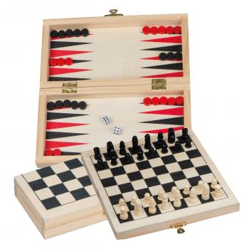 Reisespielset aus Holz mit Backgammon - Schach - Dame Spiel