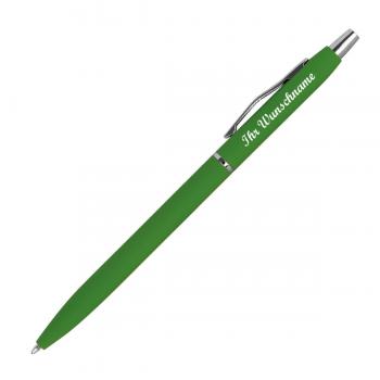 Schlanker Metall-Kugelschreiber mit Namensgravur - gummiert - Farbe: grün