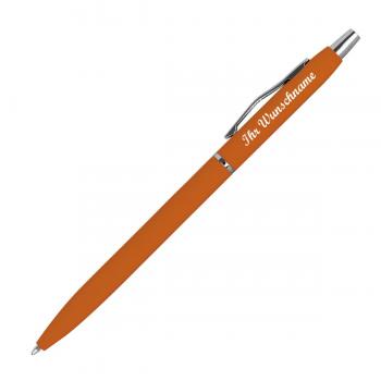 Schlanker Metall-Kugelschreiber mit Namensgravur - gummiert - Farbe: orange