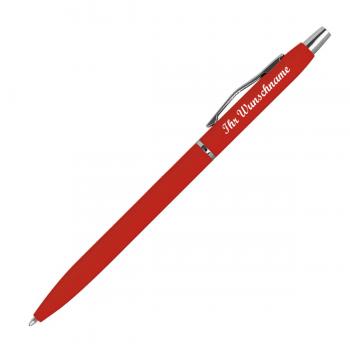Schlanker Metall-Kugelschreiber mit Namensgravur - gummiert - Farbe: rot