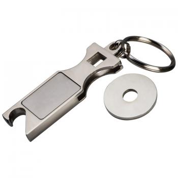 Schlüsselanhänger mit Gravur aus Metall mit Einkaufswaagenchip + Flaschenöffner