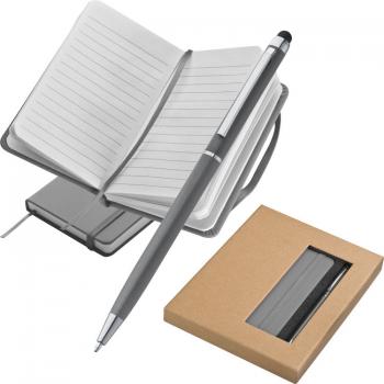 Schreibset 2-tlg. / Touchpen Kugelschreiber und Notizbuch 125x77mm / Farbe: grau