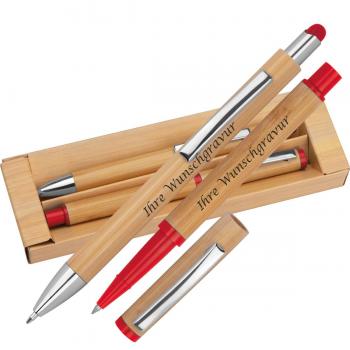 Schreibset aus Bambus mit Gravur / Kugelschreiber und Tintenroller / Farbe: rot