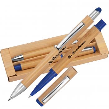 Schreibset aus Bambus mit Namensgravur - Kugelschreiber und Tintenroller - blau