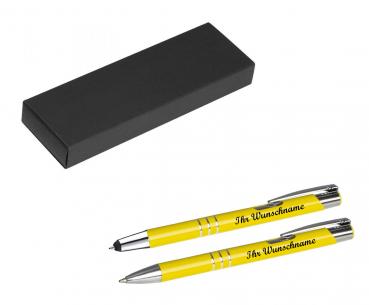 Schreibset mit Namensgravur - Touchpen + Kugelschreiber - sonnengelb