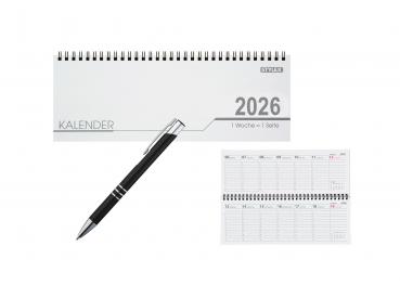 Schreibtisch Kalender 32 Blatt / Schreibtischquerkalender 2026 + Kugelschreiber