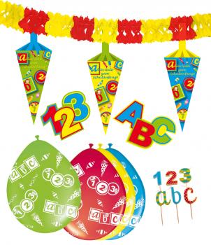 Schulanfang-Party-Set / bestehend aus Luftballons, Girlande, Tischdeko + Kerzen