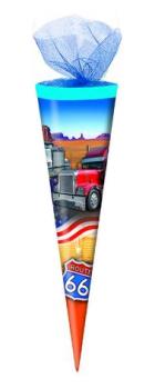 Schultüte / Zuckertüte / Länge: 35cm / rund / Tüllverschluss / "Trucks"