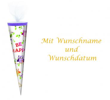 Schultüte mit gold gefärbter Gravur / 35cm / rund / Tüllverschluss / "Be Happy"