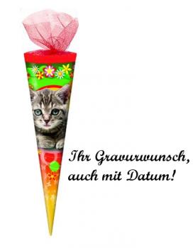 Schultüte mit Namensgravur - 35cm - rund - Tüllverschluss - "Katze"