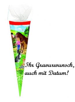 Schultüte mit Namensgravur - 35cm - rund - Tüllverschluss - "Pferdekoppel"