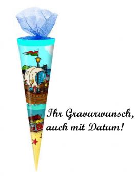 Schultüte mit Namensgravur - 35cm - rund - Tüllverschluss - "Piratenschiff"