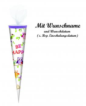 Schultüte mit Namensgravur - Zuckertüte - 50cm - rund - "Be Happy"