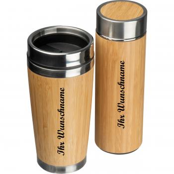 Set aus Trinkbecher und Trinkflasche mit Namensgravur - mit Teesieb - aus Bambus