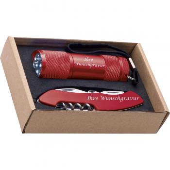 Set bestehend aus Taschenlampe und Taschenmesser mit Gravur / Farbe: rot