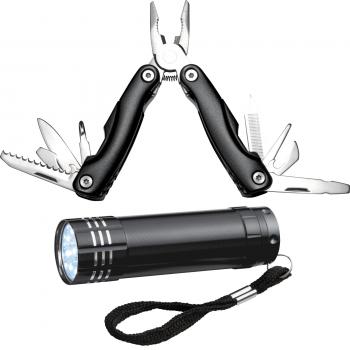 Set bestehend aus Taschenlampe und Taschenmesser mit Gravur / Multitool