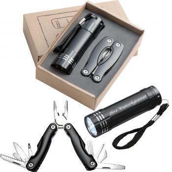 Set bestehend aus Taschenlampe und Taschenmesser mit Gravur / Multitool