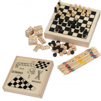 Spieleset in einer Holzbox mit Schach, Mikado, Dame, Domino