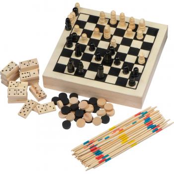 Spieleset in einer Holzbox mit Schach, Mikado, Dame, Domino