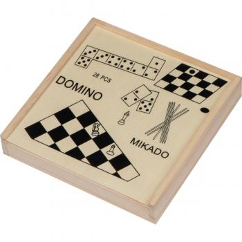 Spieleset in einer Holzbox mit Schach, Mikado, Dame, Domino